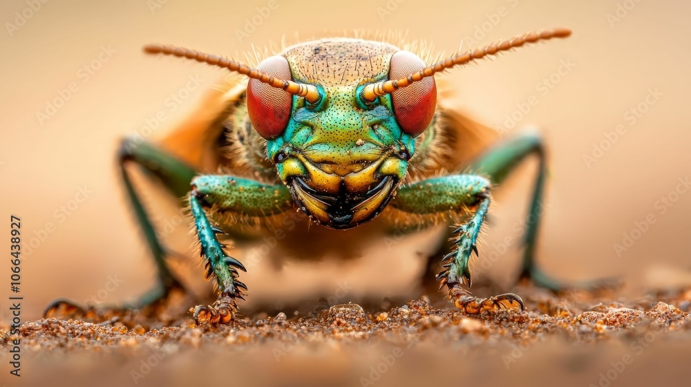A vibrant close-up of a colorful insect featuring intricate details, showcasing its multifaceted eyes and fine textures in a natural environment. A vibrant close-up of a colorful insect featuring intricate details, showcasing its multifaceted eyes and fine textures in a natural environment.