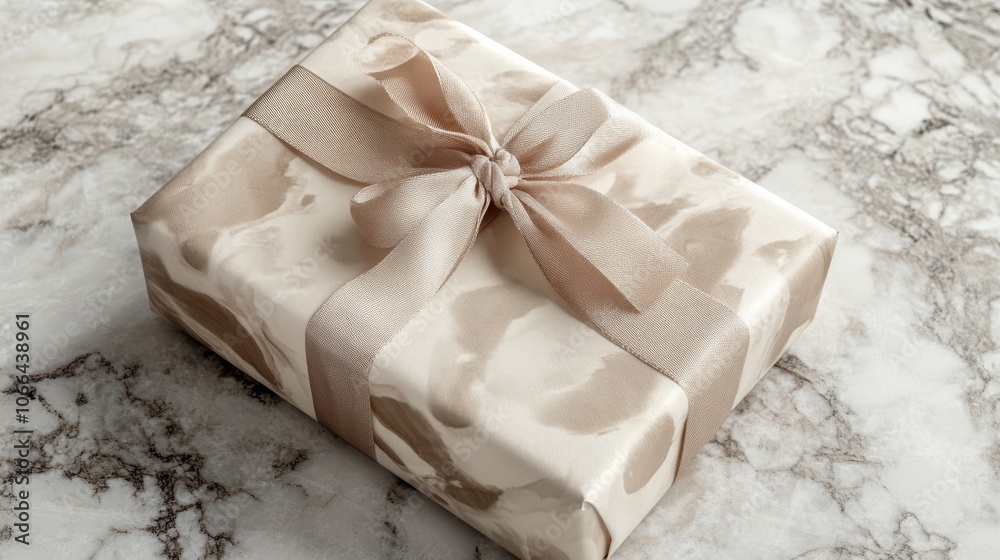 A beautifully wrapped gift box with a delicate ribbon, resting on a marble surface, exuding elegance and anticipation. A beautifully wrapped gift box with a delicate ribbon, resting on a marble surface, exuding elegance and anticipation.