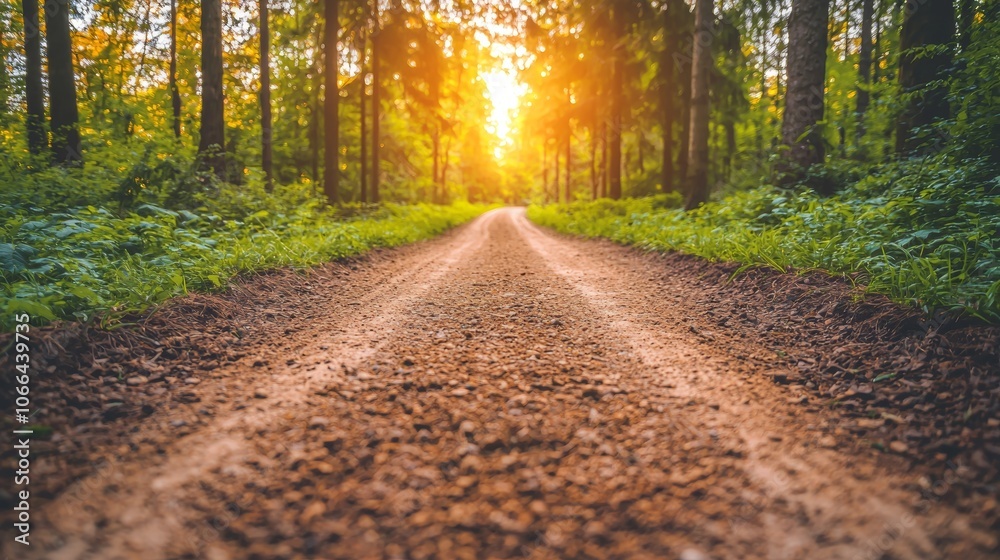 Fototapeta premium Dirt Road Through Lush Green Forest at Sunset