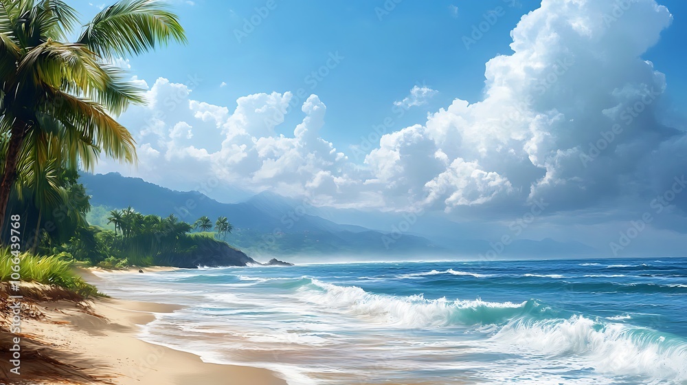Tranquil Tropical Beach with Palm Tree and Mountains