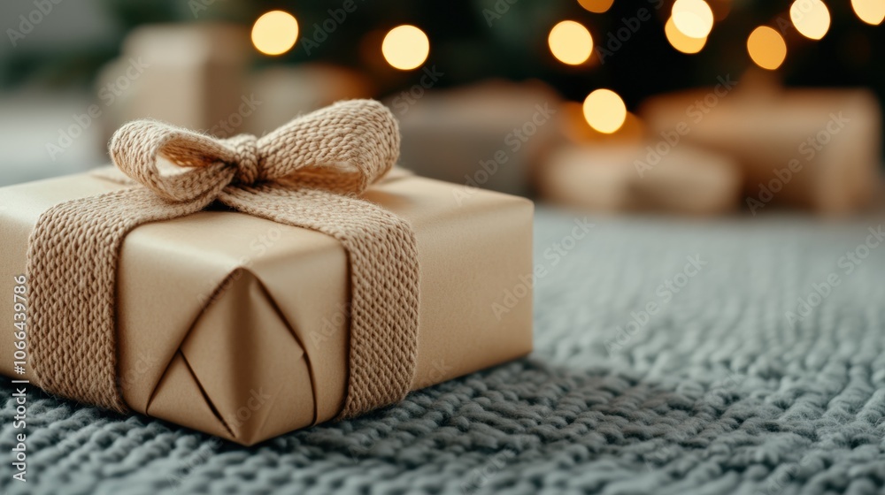 Gift wrapped in brown paper with a knitted bow, set against a cozy, festive backdrop, AI Gift wrapped in brown paper with a knitted bow, set against a cozy, festive backdrop, AI