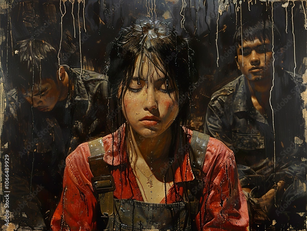 Obraz premium Intense Gaze: A Realistic Portrait of a Young Woman with Men in the Background