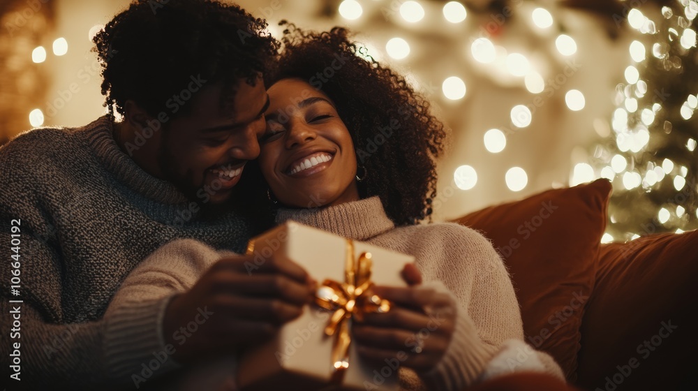 A cozy couple shares a joyful moment with a beautifully wrapped gift amidst warm holiday lights. A cozy couple shares a joyful moment with a beautifully wrapped gift amidst warm holiday lights.