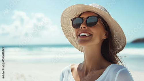 Cheerful woman with a sun hat on the beach