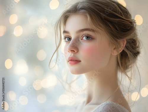 Graceful Serenity: An Elegant Portrait ofYoung Woman Bathed in Natural Light photo