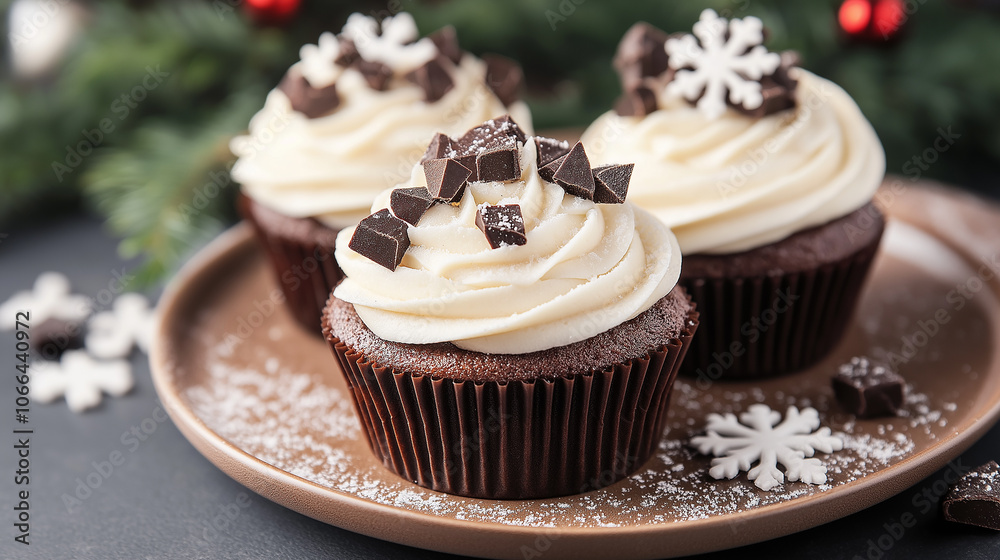 Chocolate cupcakes with whipped cream frosting decorated with dark chocolate pieces and sugar snowflakes Chocolate cupcakes with whipped cream frosting decorated with dark chocolate pieces and sugar snowflakes