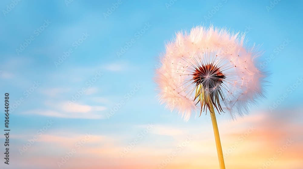 Fototapeta premium Dandelion seeds float gracefully in the sky during a beautiful sunset