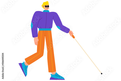 Confident Blind Man Walking with Cane