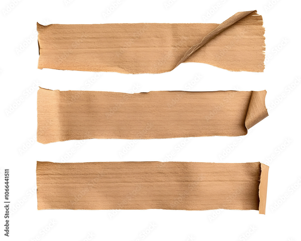 four pieces / strips of brown textured adhesive kraft paper tape, attach something or use as labels and add some text - isolated design element four pieces / strips of brown textured adhesive kraft paper tape, attach something or use as labels and add some text - isolated design element
