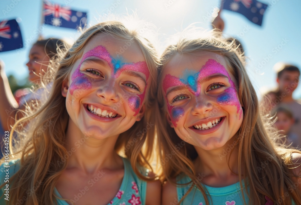 Obraz premium Celebrating Australia Day with joy, vibrant face paint, and cheerful smiles in the summer sun