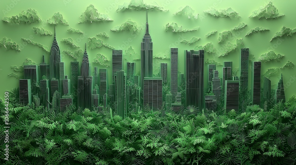 Green Cityscape Paper Art with Nature Elements