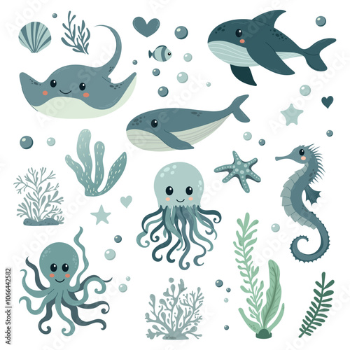 Vector illustration collection in children's Scandinavian style. Orca dolphin dolphin crab jellyfish octopus fish turtle shark seahorse shrimp swordfish