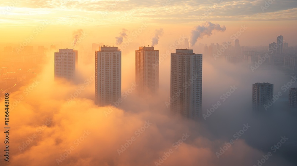 Industrial Pollution in Urban Areas at Sunrise