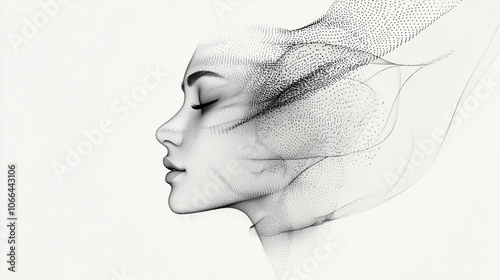 A woman’s head with dots covering her face and background. The concept of digital identity, technology, and the integration of human perception with data visualization. Generative AI.