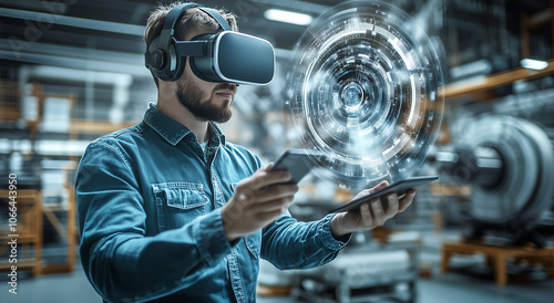 Man engaged with virtual reality and augmented technology in modern industrial setting.