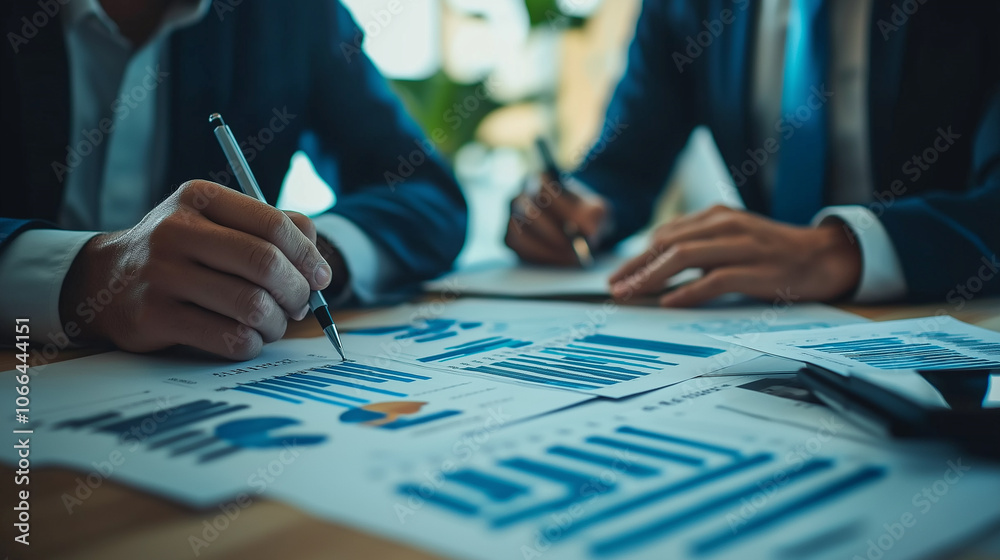 Close-up of smiling businessmen discussing documents with graphs and charts in a modern office Close-up of smiling businessmen discussing documents with graphs and charts in a modern office