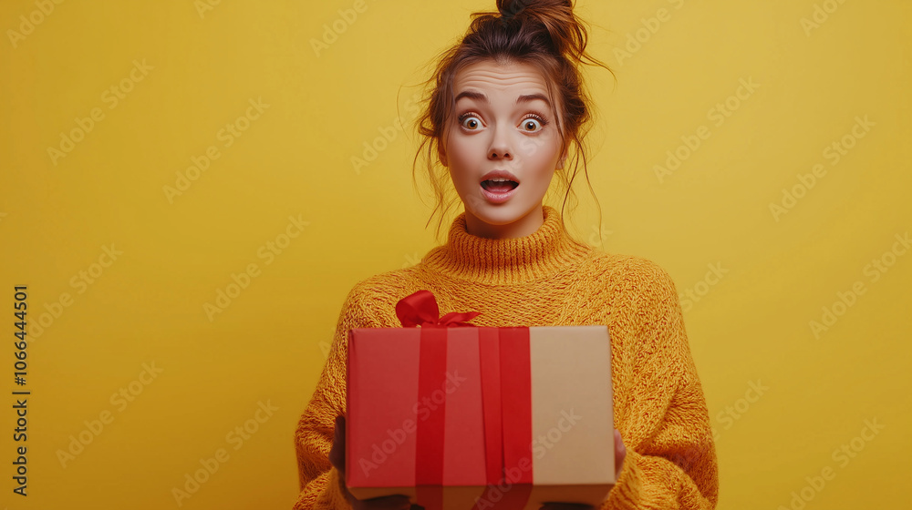 Close-up photo of a beautiful cheerful amazing lady holding a large package isolated yellow background, P Close-up photo of a beautiful cheerful amazing lady holding a large package isolated yellow background, P