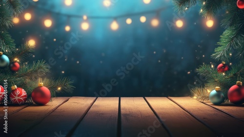 Christmas holidays scenic background with wooden table and christmas decoration. photo