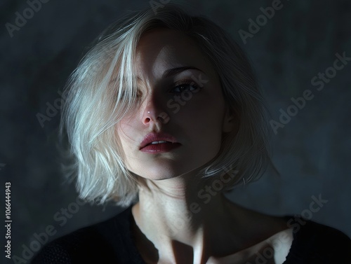 Bold Elegance: A Striking Portrait ofStrong WomanPlatinum Blonde Hair photo