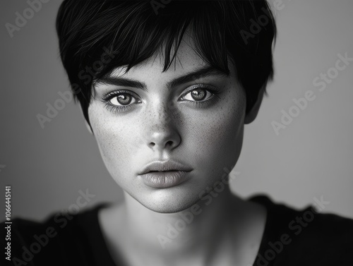 Strength in Simplicity: A Monochromatic Portrait ofWoman's Resolute Gaze photo