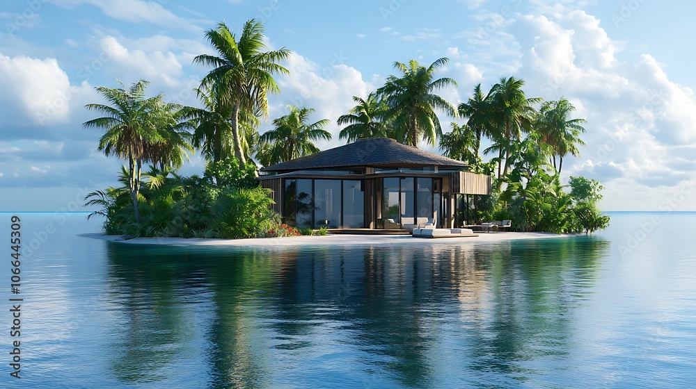 Modern Tropical House on a Small Island Surrounded by Palm Trees Modern Tropical House on a Small Island Surrounded by Palm Trees