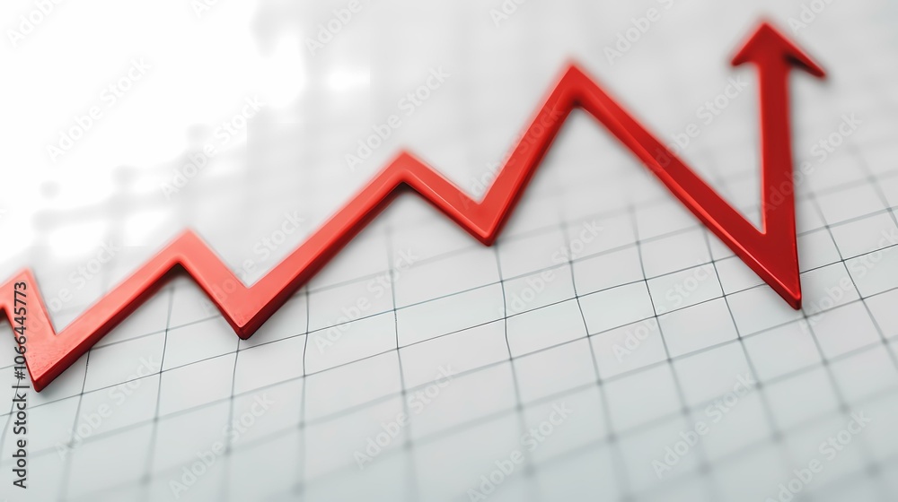 A red arrow points upwards on a gridded graph, depicting an upward trend. A red arrow points upwards on a gridded graph, depicting an upward trend.
