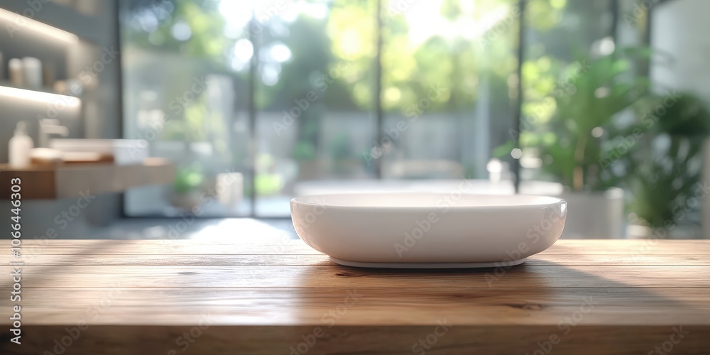 Modern Empty Bathroom with Wooden Table and Bowl Modern Empty Bathroom with Wooden Table and Bowl