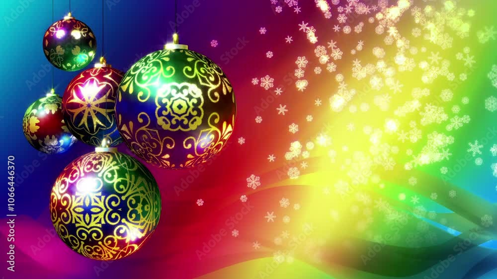 Christmas background loop with copy space. Rainbow colored decorations and snowflakes. Christmas background loop with copy space. Rainbow colored decorations and snowflakes.