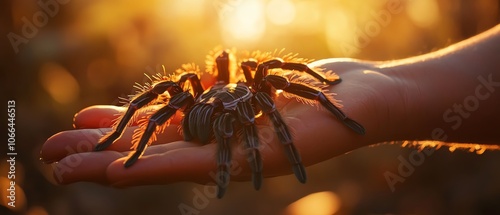 Tarantula on hand during sunset photo