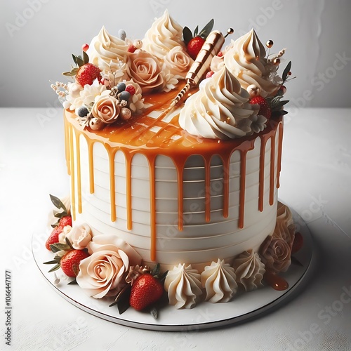 Elegant Caramel Drip Cake With Whipped Cream and Berries. generator AI