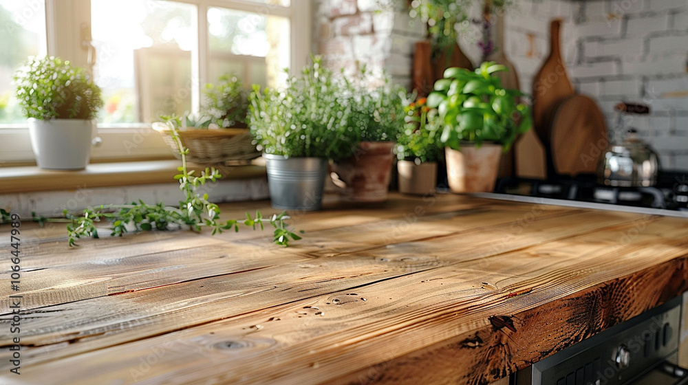 Transform your kitchen space with an elegant round wood tabletop surrounded by lush greenery Transform your kitchen space with an elegant round wood tabletop surrounded by lush greenery