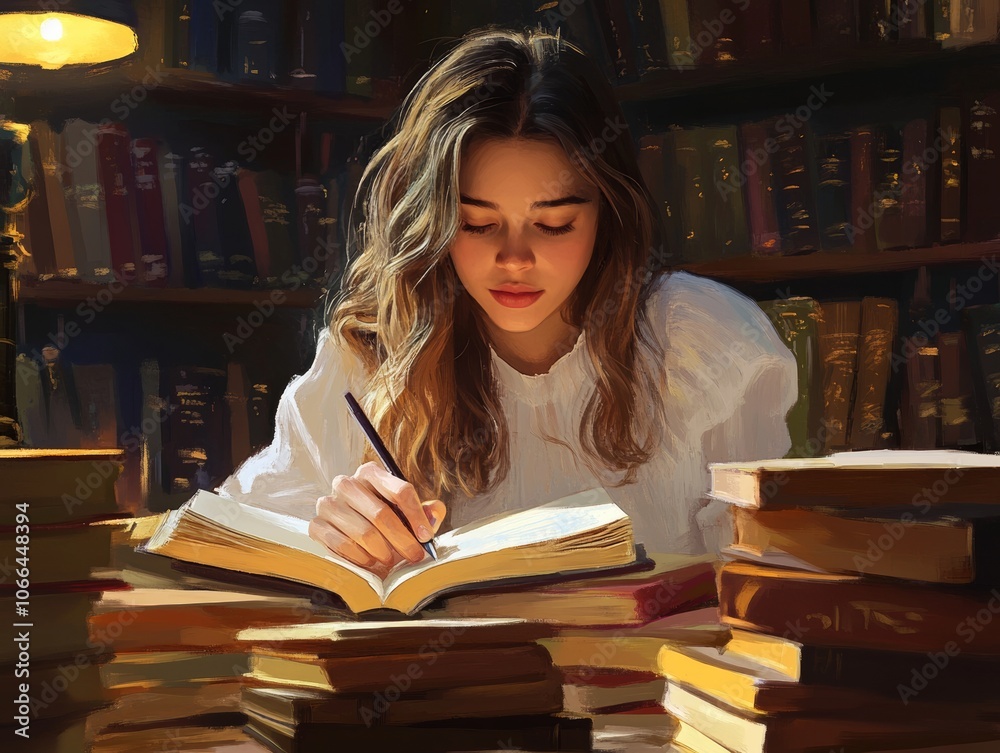A Young Woman Lost in Thought: Embracing Knowledge and Concentration inCozy Library A Young Woman Lost in Thought: Embracing Knowledge and Concentration inCozy Library