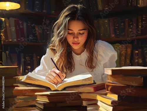 A Young Woman Lost in Thought: Embracing Knowledge and Concentration inCozy Library