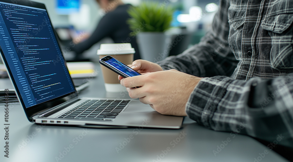 A close-up image captures the hands of business professionals holding cell phone analyze financial business plan using laptop computer. A close-up image captures the hands of business professionals holding cell phone analyze financial business plan using laptop computer.