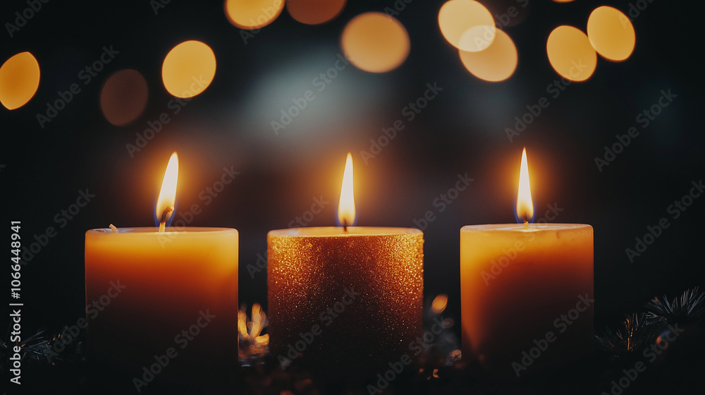 Advent Candles Burning In The Dark With Glitter On Flames And Abstract Defocused Lights Advent Candles Burning In The Dark With Glitter On Flames And Abstract Defocused Lights