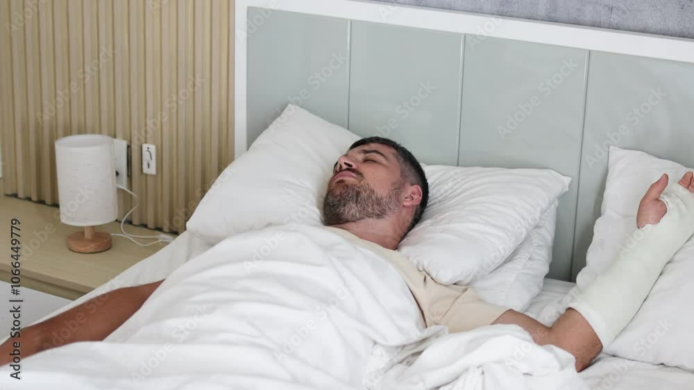 Man rests in bed with broken arm. Man rests in bed with broken arm.