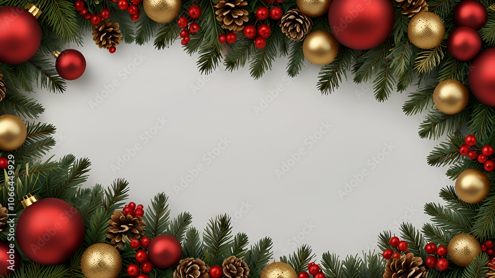 Elegant Christmas Ornaments and Pine Branches in Festive Red and Gold Holiday Decoration
Elegant Christmas Ornaments and Pine Branches in Festive Red and Gold Holiday Decoration