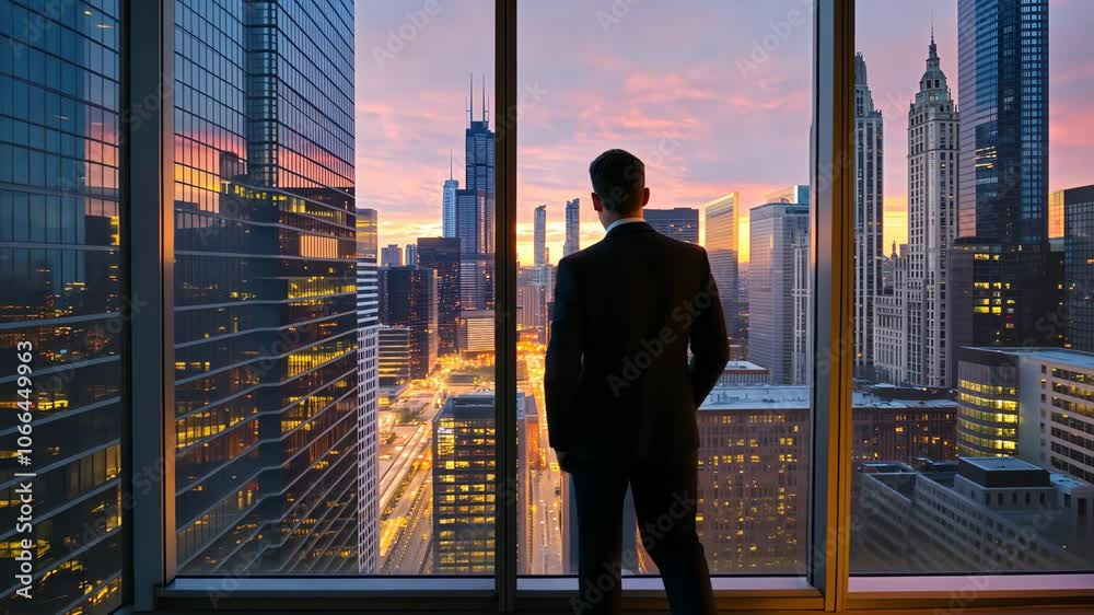 A businessman gazes at a city skyline during sunset from a high-rise office. Full HD or 4K Footage Video Animation A businessman gazes at a city skyline during sunset from a high-rise office. Full HD or 4K Footage Video Animation