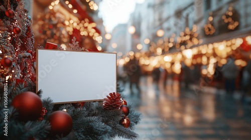 Blank festive advertising sign on a Christmas-decorated street with blurred holiday lights and ornaments, ready for custom holiday messages.