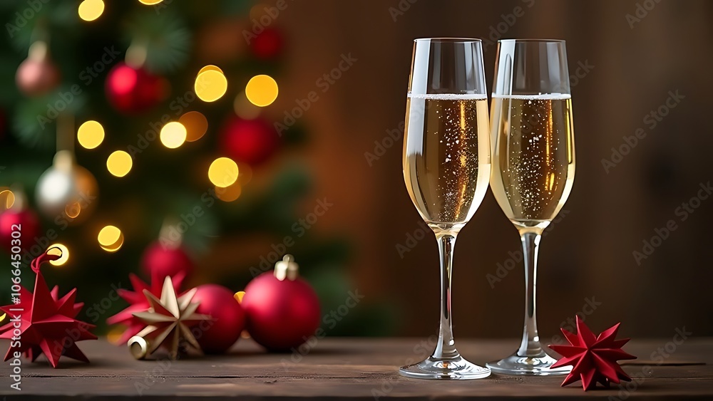 Two glasses of champagne against a Christmas tree Two glasses of champagne against a Christmas tree