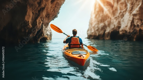 A person kayaking in tranquil waters, surrounded by stunning cliffs, illuminated by sunlight, capturing the essence of adventure.