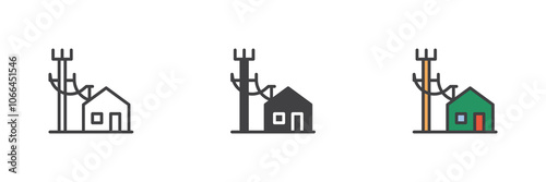 Electric poles line and house different style icon set