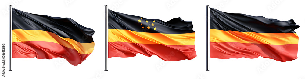 Fototapeta premium Set of flags of Germany. Germany symbols design elements. Large German flag waving in the wind. Isolated on a transparent background.