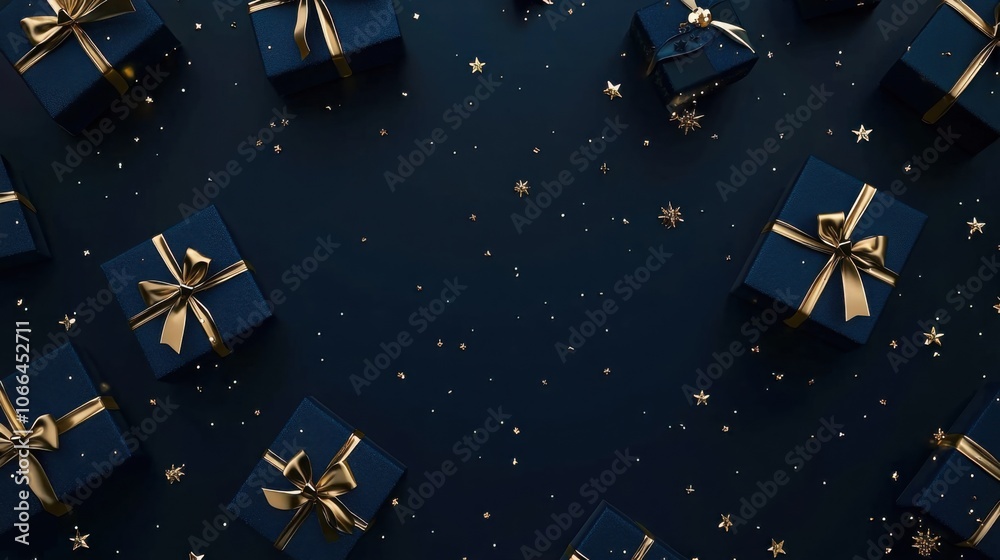An elegant arrangement of blue gift boxes adorned with golden ribbons, scattered on a dark background with glittering stars. An elegant arrangement of blue gift boxes adorned with golden ribbons, scattered on a dark background with glittering stars.