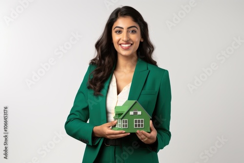 An Indian woman holding a miniature house Home ownership concep photo