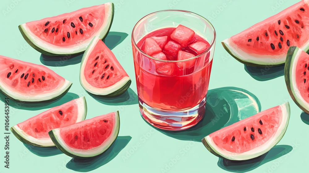 Watermelon and Watermelon Juice on a Teal Background