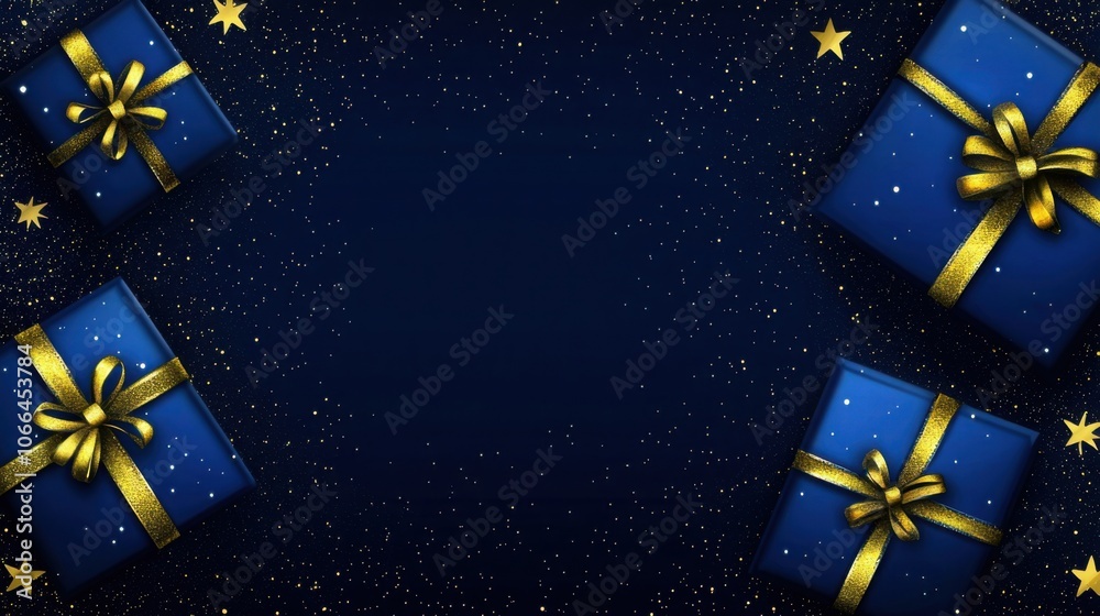 A festive arrangement of blue gift boxes with golden ribbons on a dark backdrop filled with sparkling stars, creating a joyful atmosphere. A festive arrangement of blue gift boxes with golden ribbons on a dark backdrop filled with sparkling stars, creating a joyful atmosphere.