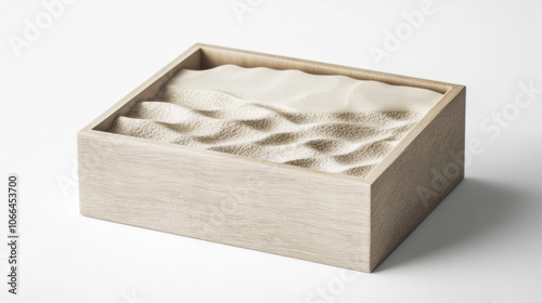 wooden box with textured lid, revealing glimpse of sand inside. box has calming and serene presence