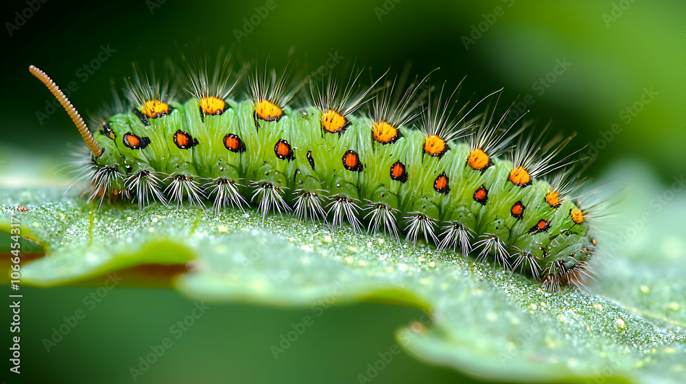 Fototapeta premium Tiny Green Caterpillar Inching Along a Leaf