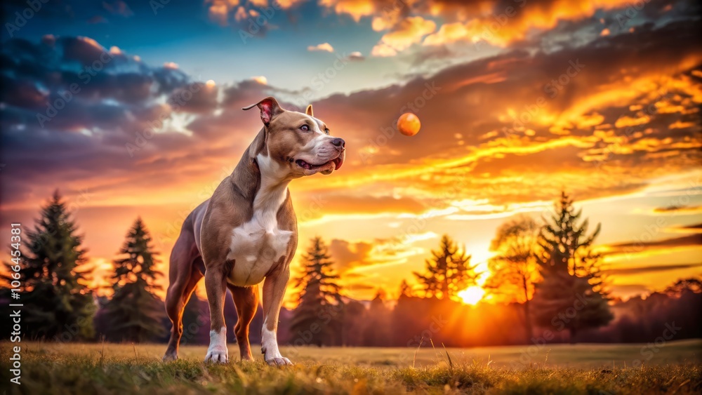 A Majestic Pitbull Playfully Waiting to Fetch at Sunset, Capturing the Essence of Loyalty and Joy in a Scenic Outdoor Setting with Vibrant Colors and a Warm Atmosphere A Majestic Pitbull Playfully Waiting to Fetch at Sunset, Capturing the Essence of Loyalty and Joy in a Scenic Outdoor Setting with Vibrant Colors and a Warm Atmosphere